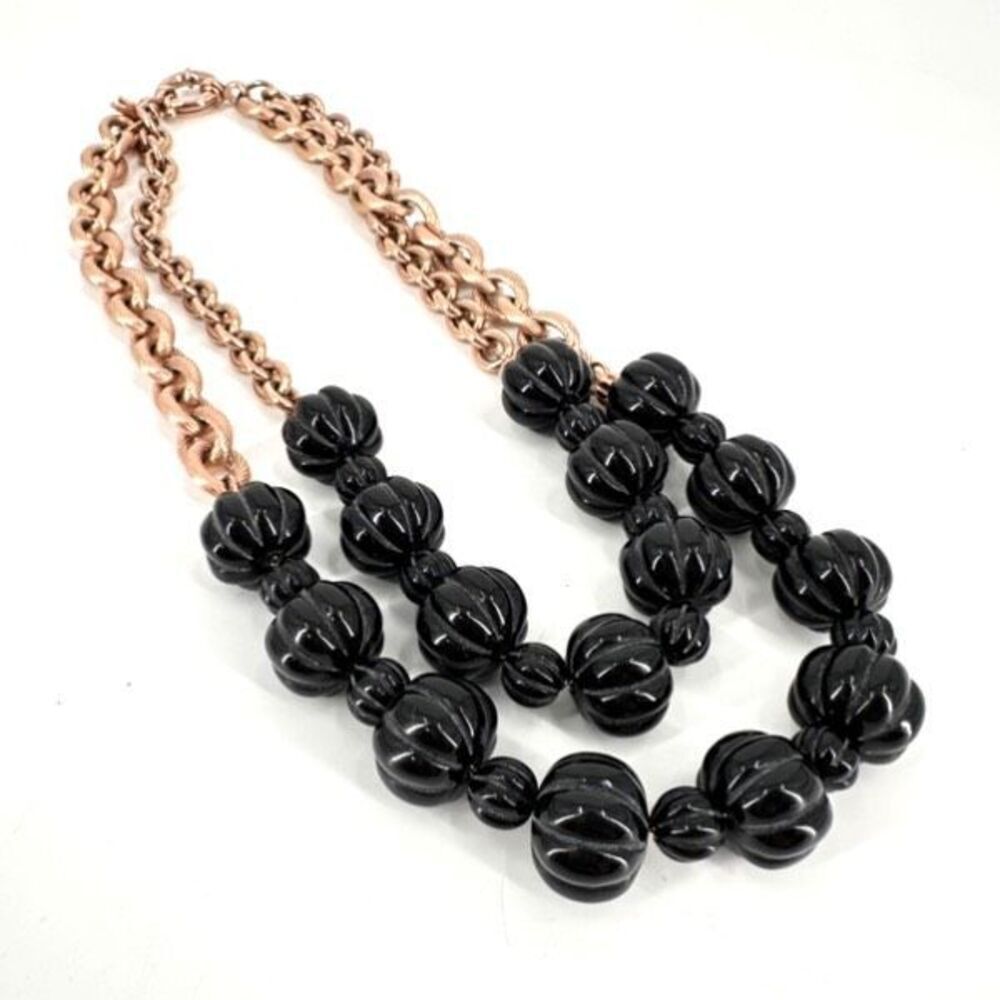 Folli Follie Womens Beaded Chunky Chain Links‎ 2-Strand Necklace Black Gold